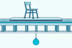 Cutaway of an apartment floor with a rug on a pad over laminate on an underlayment, joists and the ceiling below