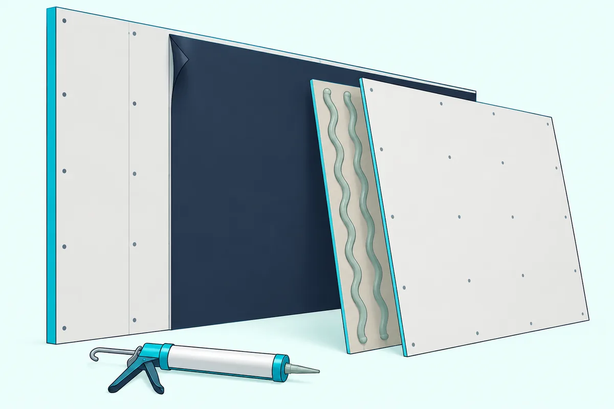 Cutaway of an interior wall with mass loaded vinyl, damping compound and a new drywall sheet over the old one