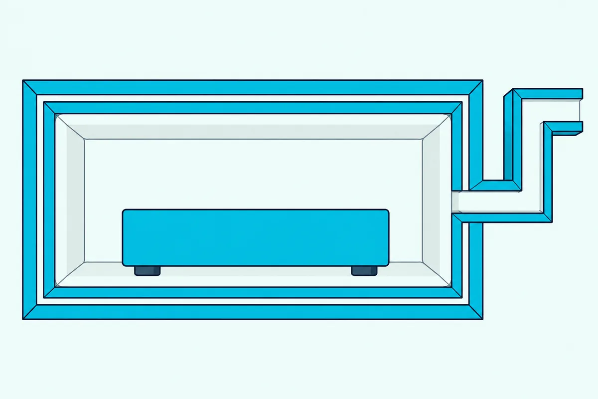 A cutaway view of a box showing a double wall, a lining, rubber feet and a bent vent channel