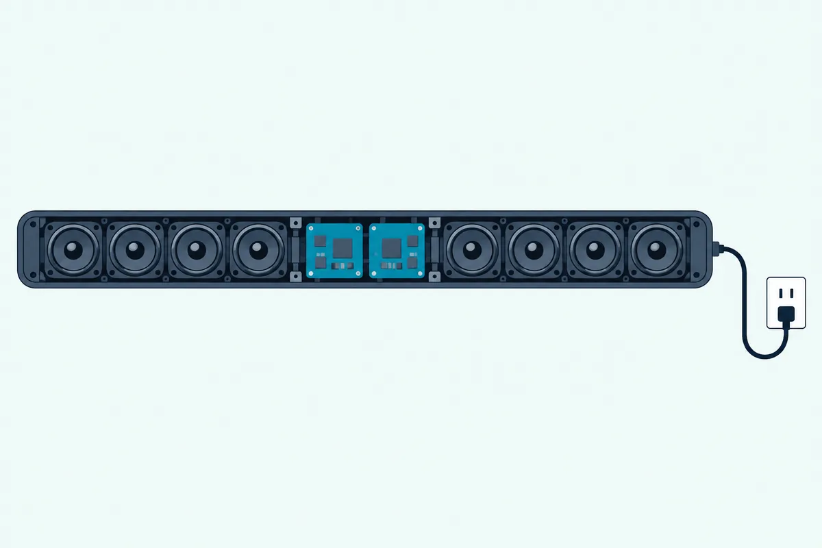 Cut-away soundbar showing small amplifier boards between its drivers, with a power cord running to a wall outlet