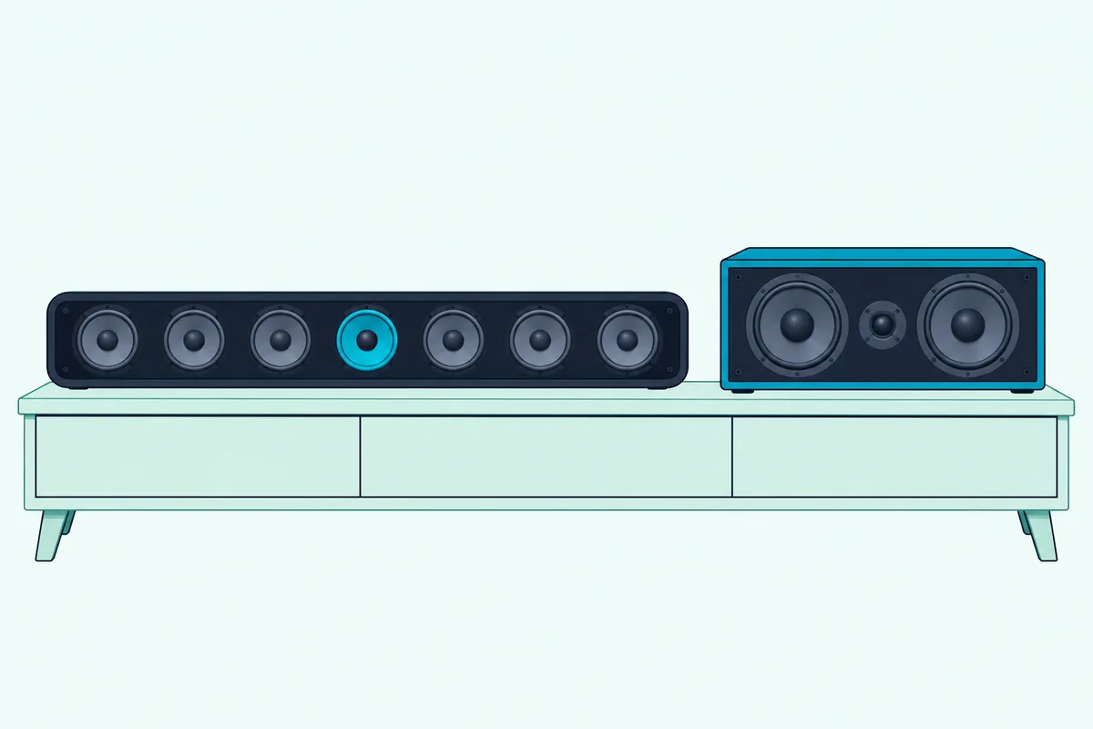 Cut-away soundbar with a small center driver beside a center channel speaker with two woofers and a tweeter on a TV stand