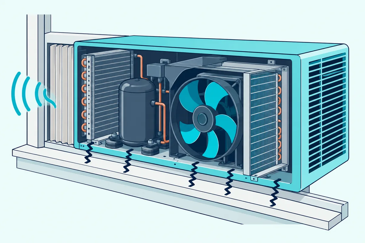 Cutaway window air conditioner with its compressor and fan, vibration lines in the frame and sound through side gaps
