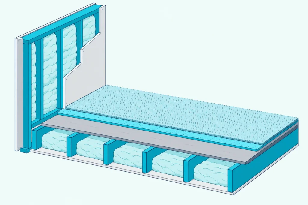 Cutaways of an insulated stud wall and of a floor with carpet, underlayment, joists, insulation and a ceiling below