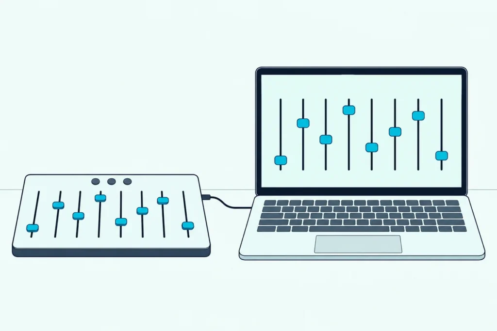 DAW control surface with eight faders cabled to a laptop showing matching on-screen sliders