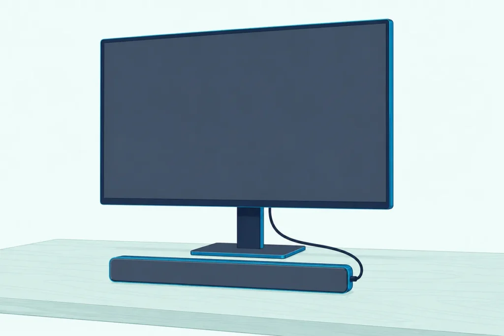 Computer monitor on a desk with a slim soundbar in front of it, joined by one 3.5 mm audio cable
