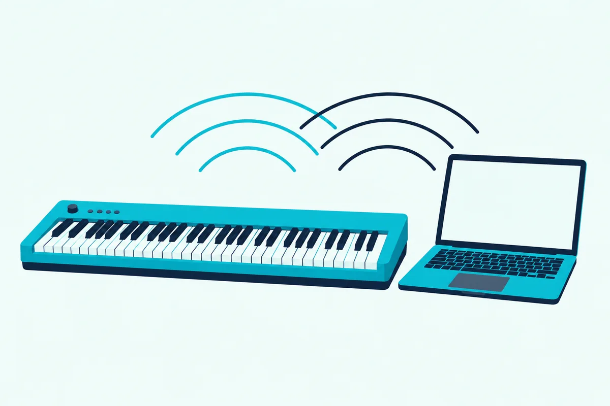 A digital piano and a laptop each sending up sound-wave lines that overlap above the gap between them