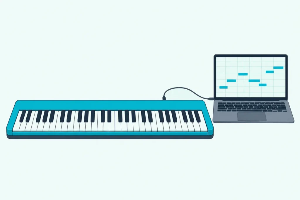 A digital piano with one cable from its back edge to an open laptop showing a grid of note bars