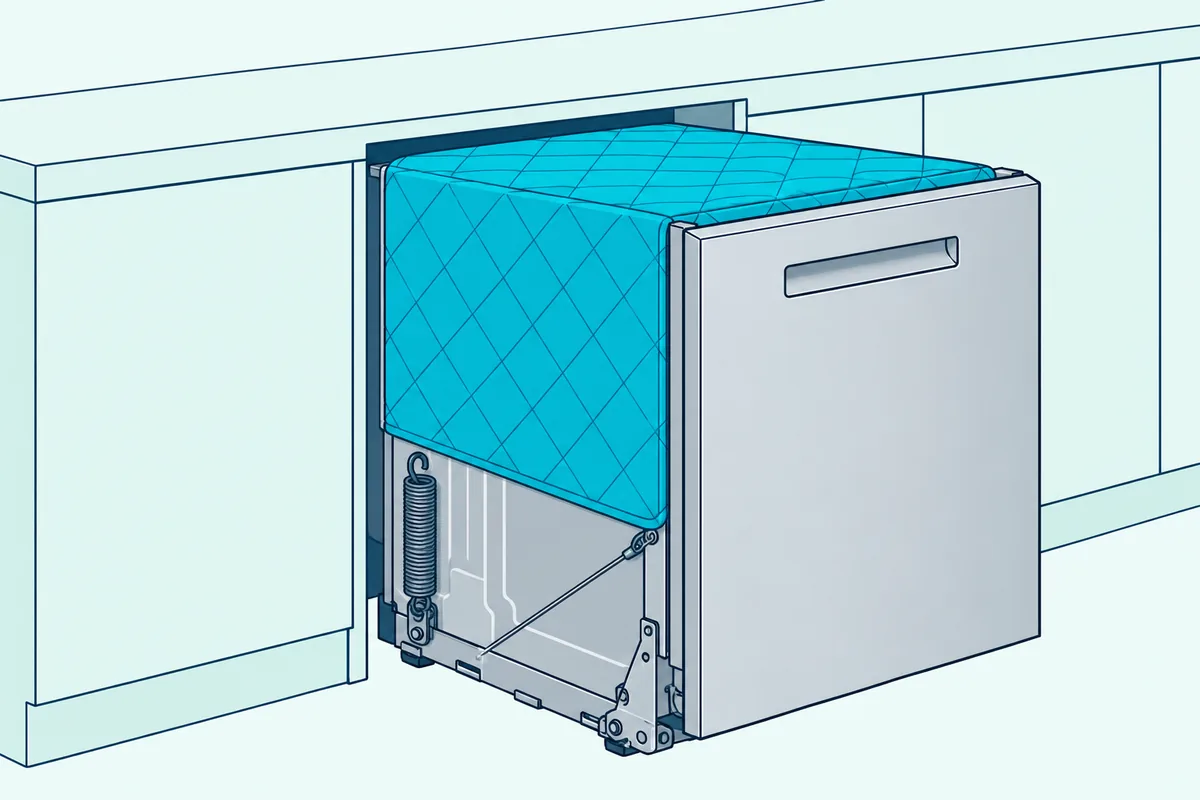 Dishwasher pulled halfway out of its cabinet, a quilted insulation blanket smooth over the tub and the door springs clear