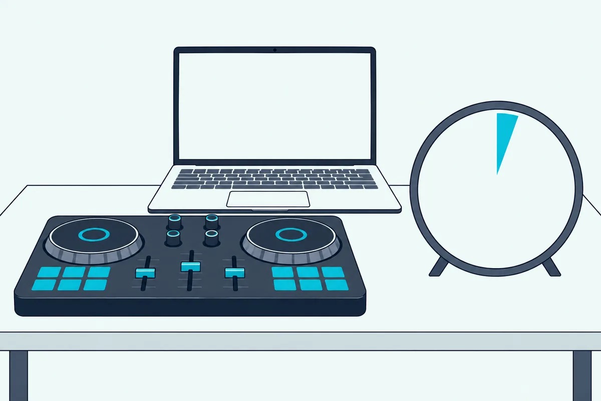 A DJ controller on a desk with an open laptop behind it, beside a round clock face with a small wedge shaded in