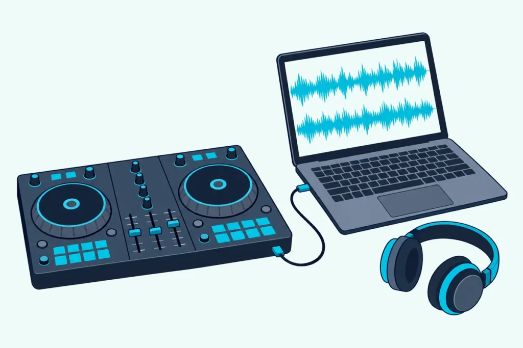 A DJ controller joined by a USB cable to an open laptop showing two waveforms, with headphones beside it