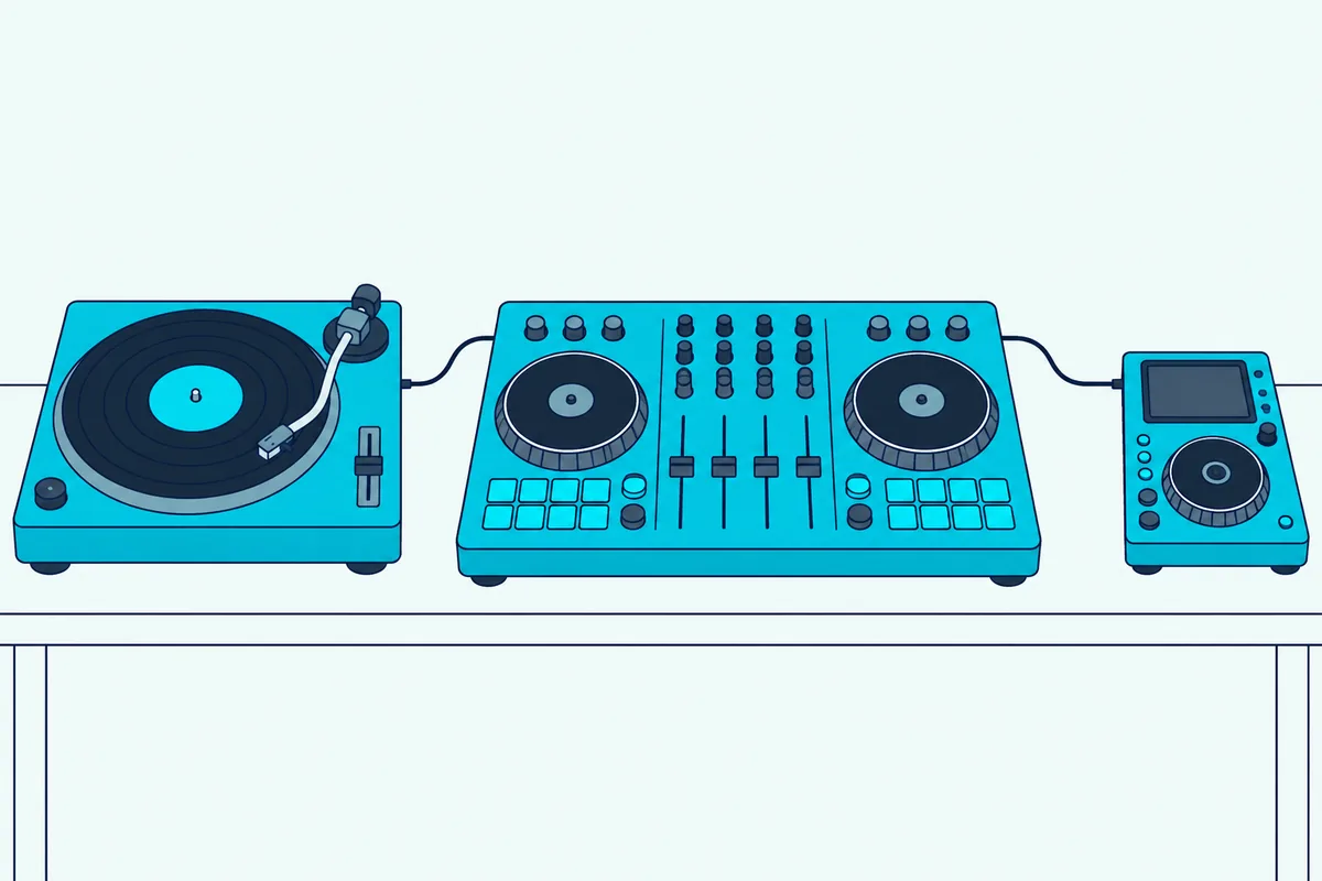 A DJ controller cabled to a turntable on one side and a media player on the other