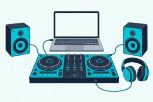 A DJ controller joined to an open laptop by one cable, with headphones and two speakers joined to the controller