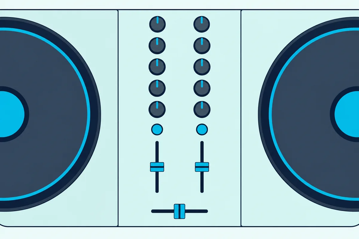 The center mixer section of a two-deck DJ controller with rows of round knobs, two upright faders and a crossfader