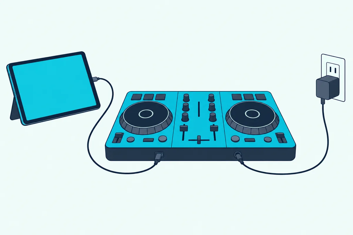 A DJ controller with one cable to a tablet and another to a wall power block