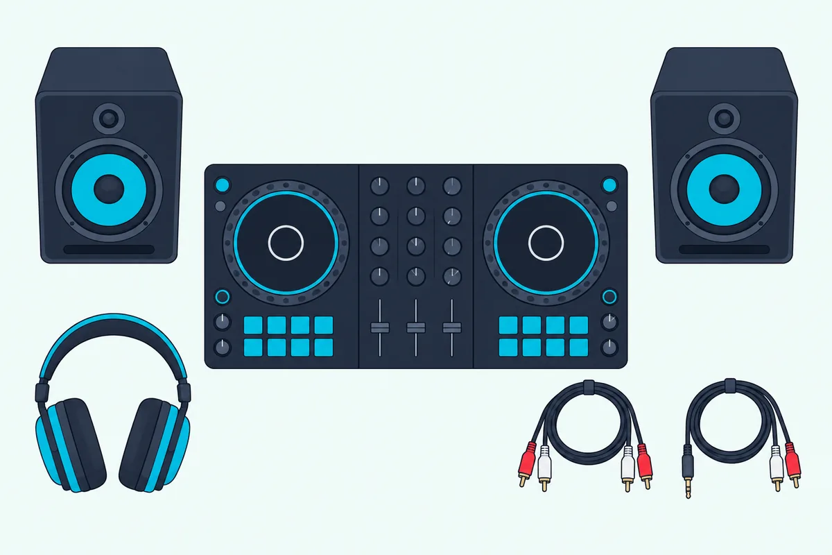 DJ headphones, two small powered speakers and two audio cables laid out around a two-deck DJ controller on a desk