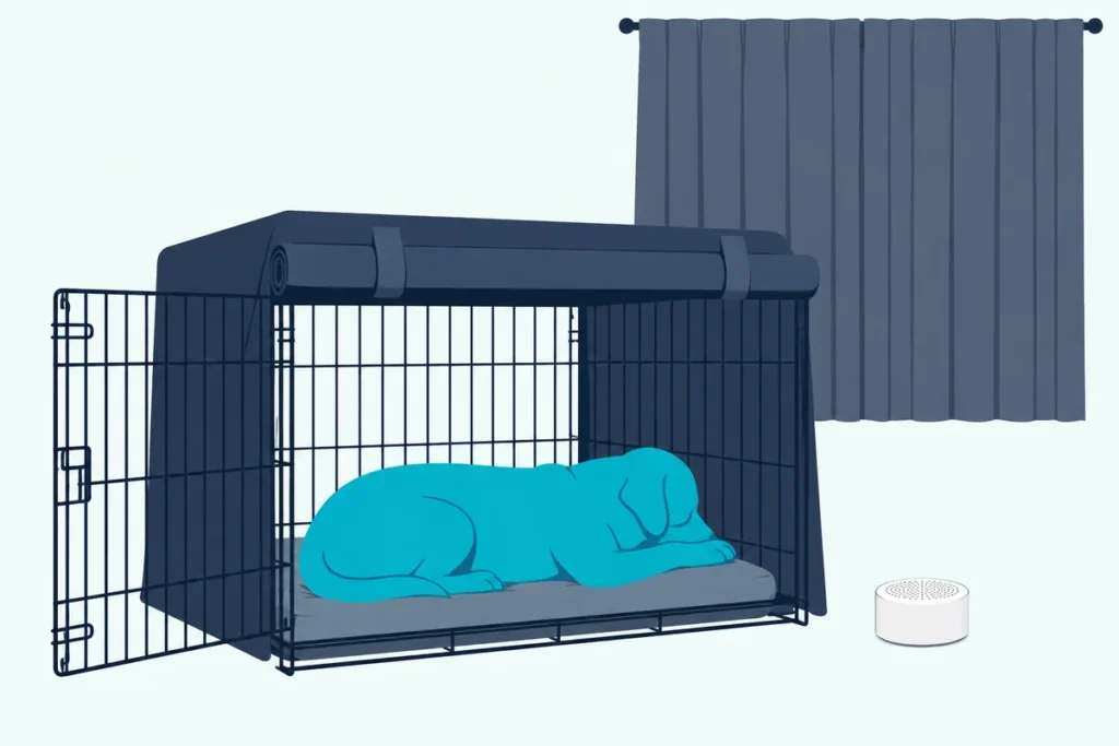 A dog resting in a wire crate with a dark cover and rolled-up front panel, a small white noise machine beside it