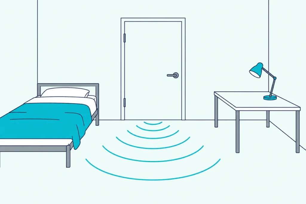 A dorm room with a closed door, a bed and a desk, and sound-wave lines coming in under the door