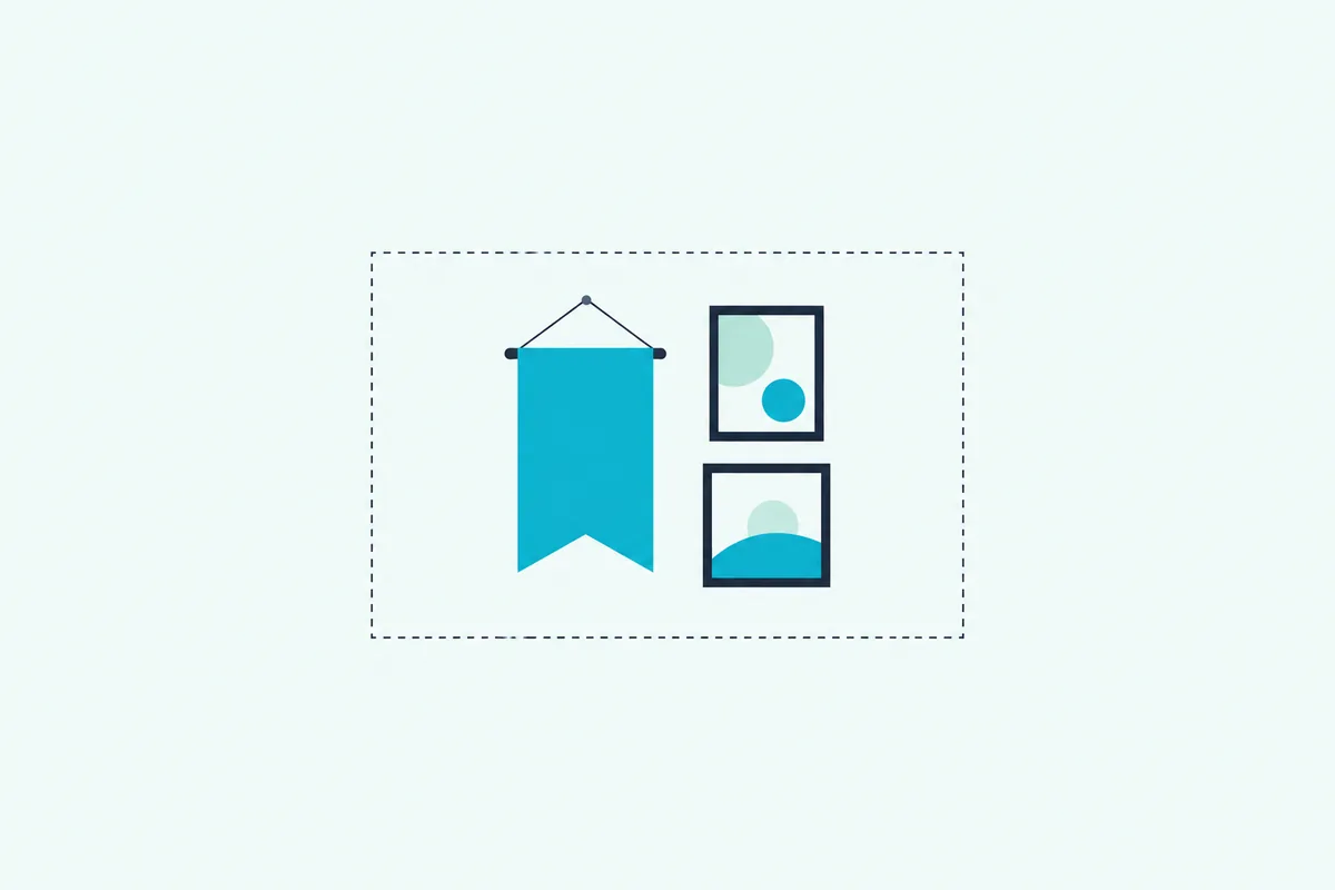 A dorm wall with a banner and two frames inside a dashed rectangle that covers a fifth of the wall