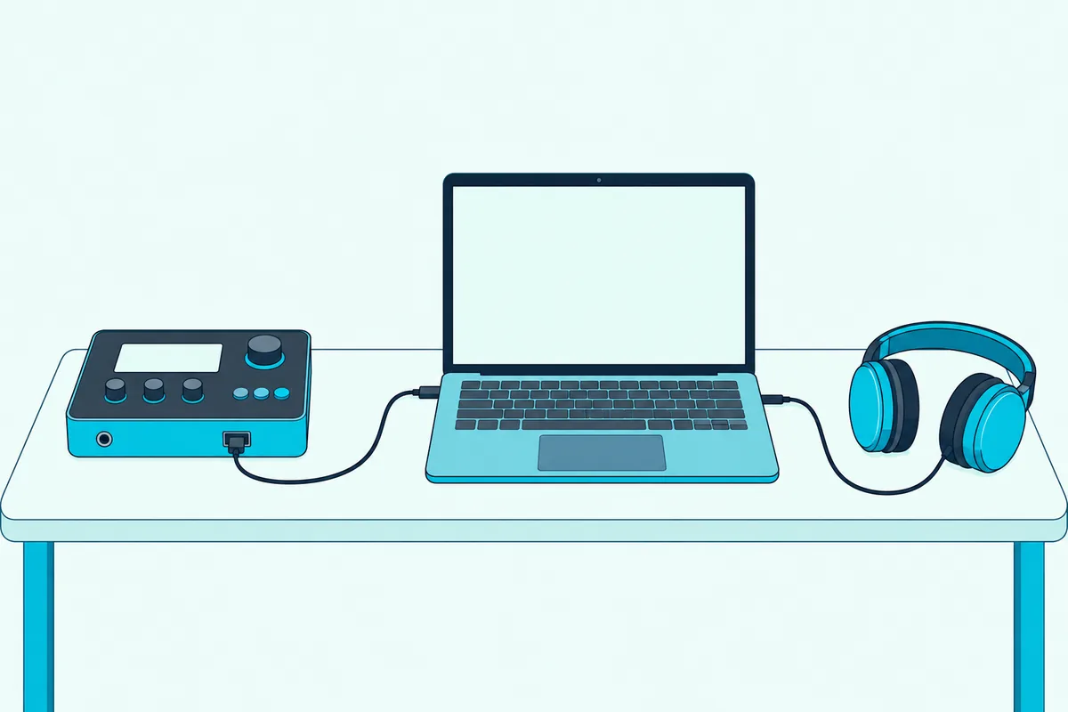 A drum module joined to a laptop by USB, with headphones plugged into the laptop