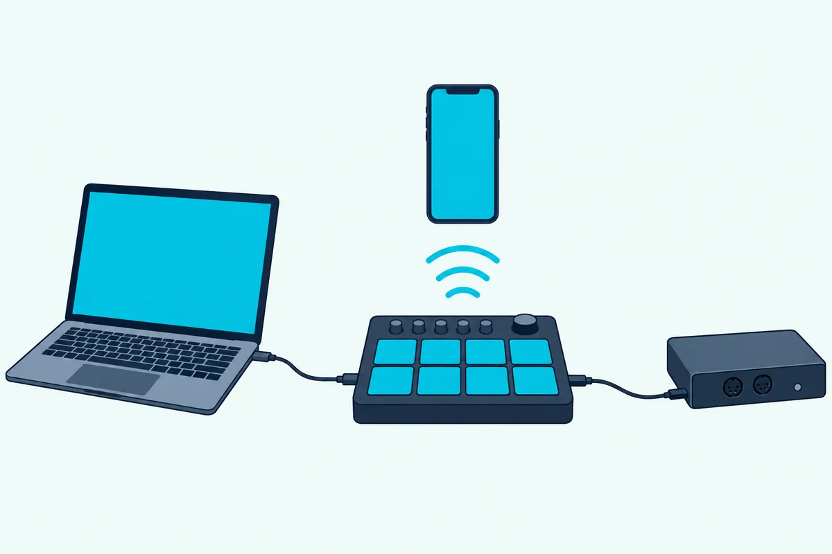 A drum module with a USB cable, a MIDI cable and wireless arcs leaving it