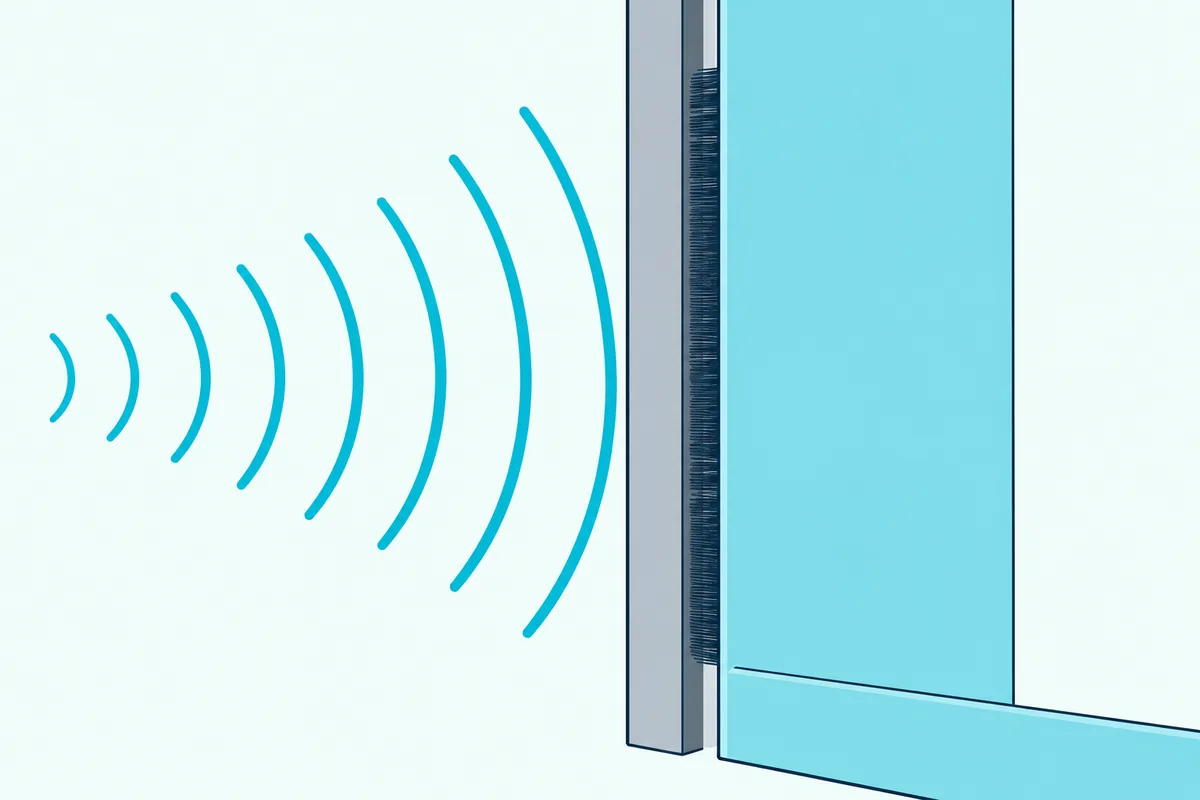 The edge of a sliding door panel with a brush strip filling the gap and sound-wave lines stopping at it