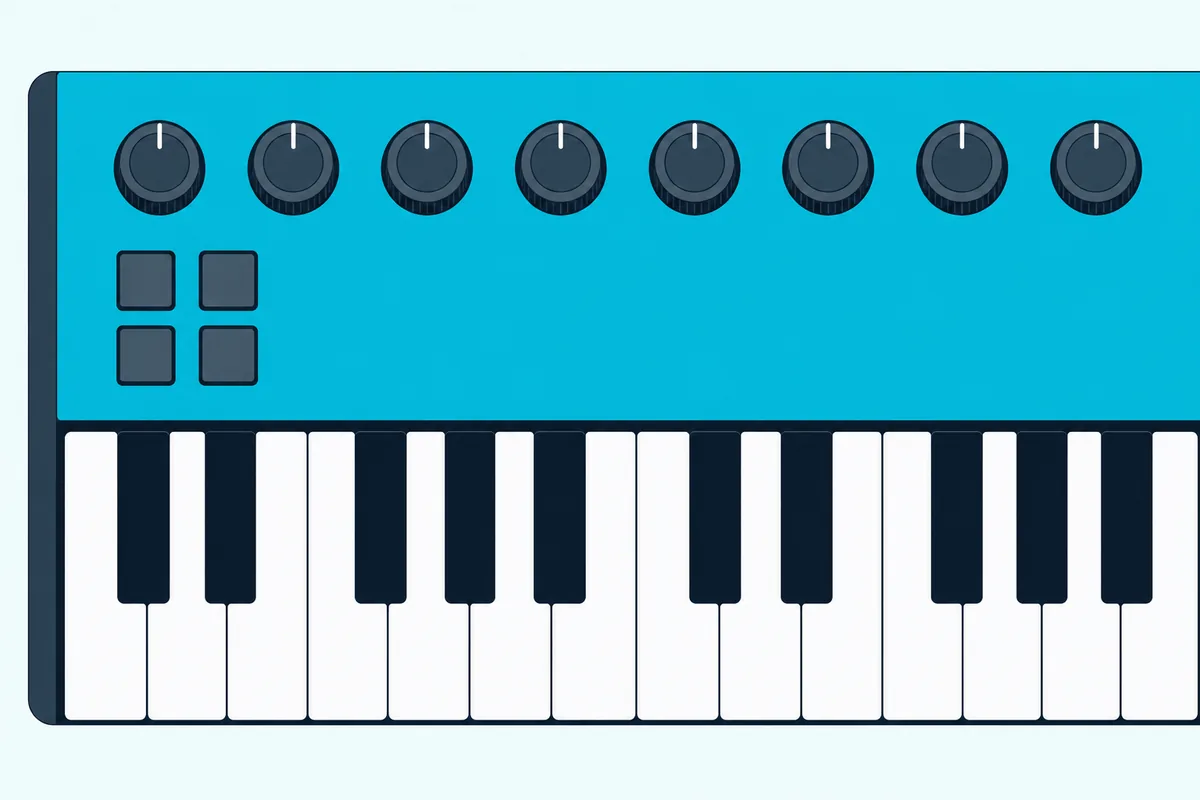 A row of eight round knobs and four plain transport buttons on the top panel of a MIDI keyboard
