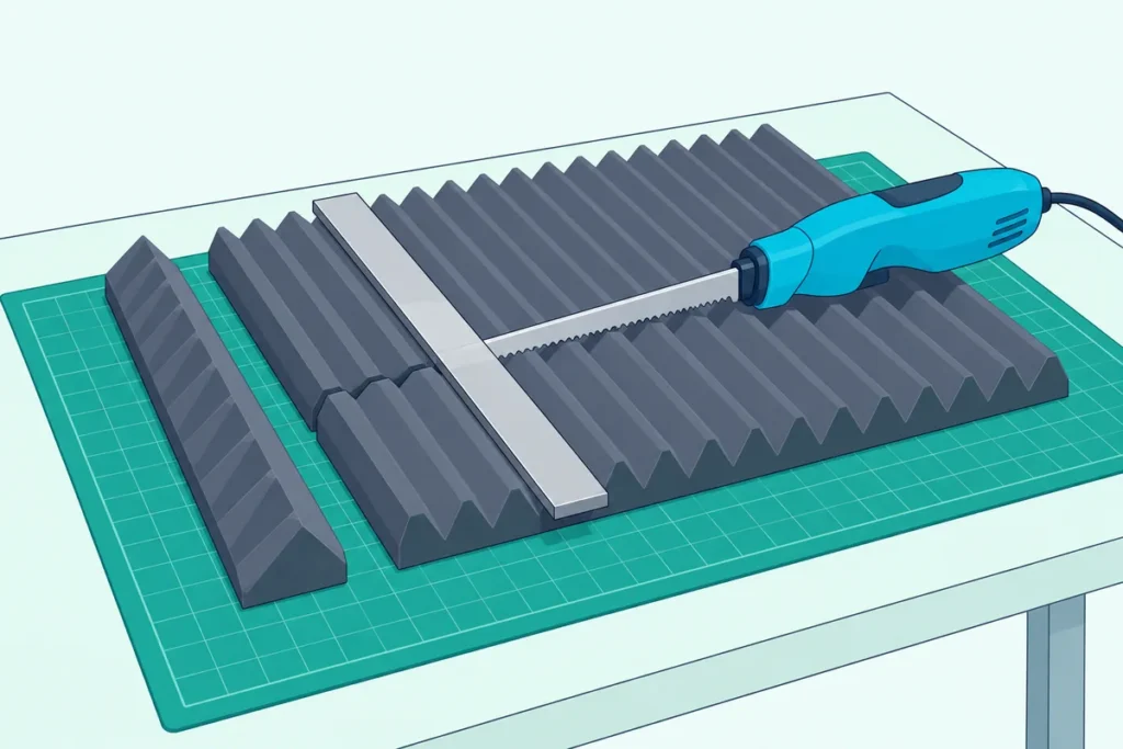 An electric carving knife resting in a straight cut through a foam panel on a cutting mat beside a metal straightedge