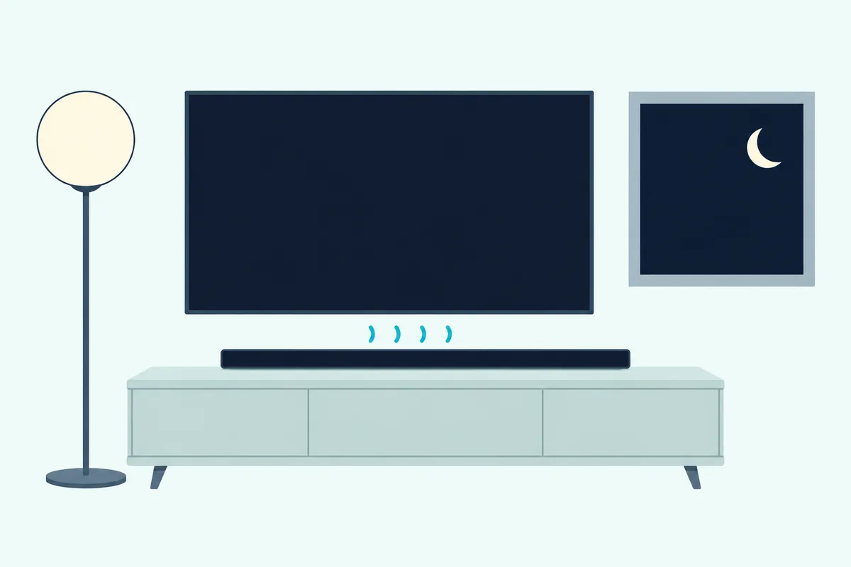Evening living room with a lit floor lamp, a crescent moon in the window and a soundbar giving off small, even sound lines