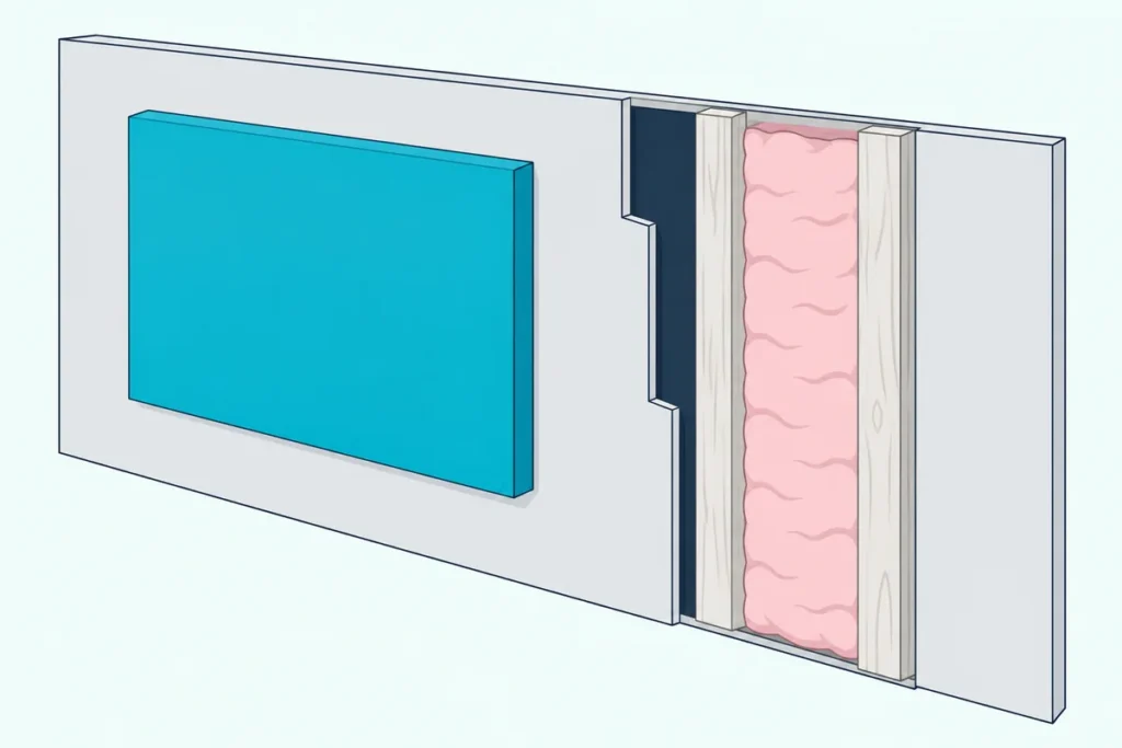 Fabric acoustic panel on a wall beside a cutaway showing a dense vinyl barrier, studs and insulation inside the wall