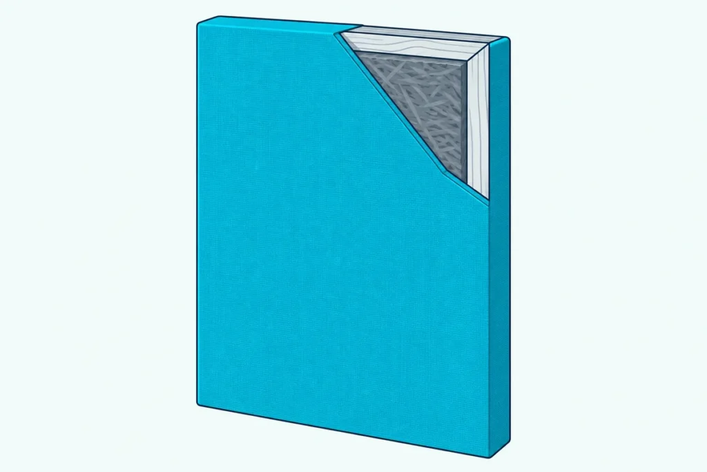 A fabric-wrapped acoustic panel with one corner cut away to show its fabric, mineral wool core and wooden frame