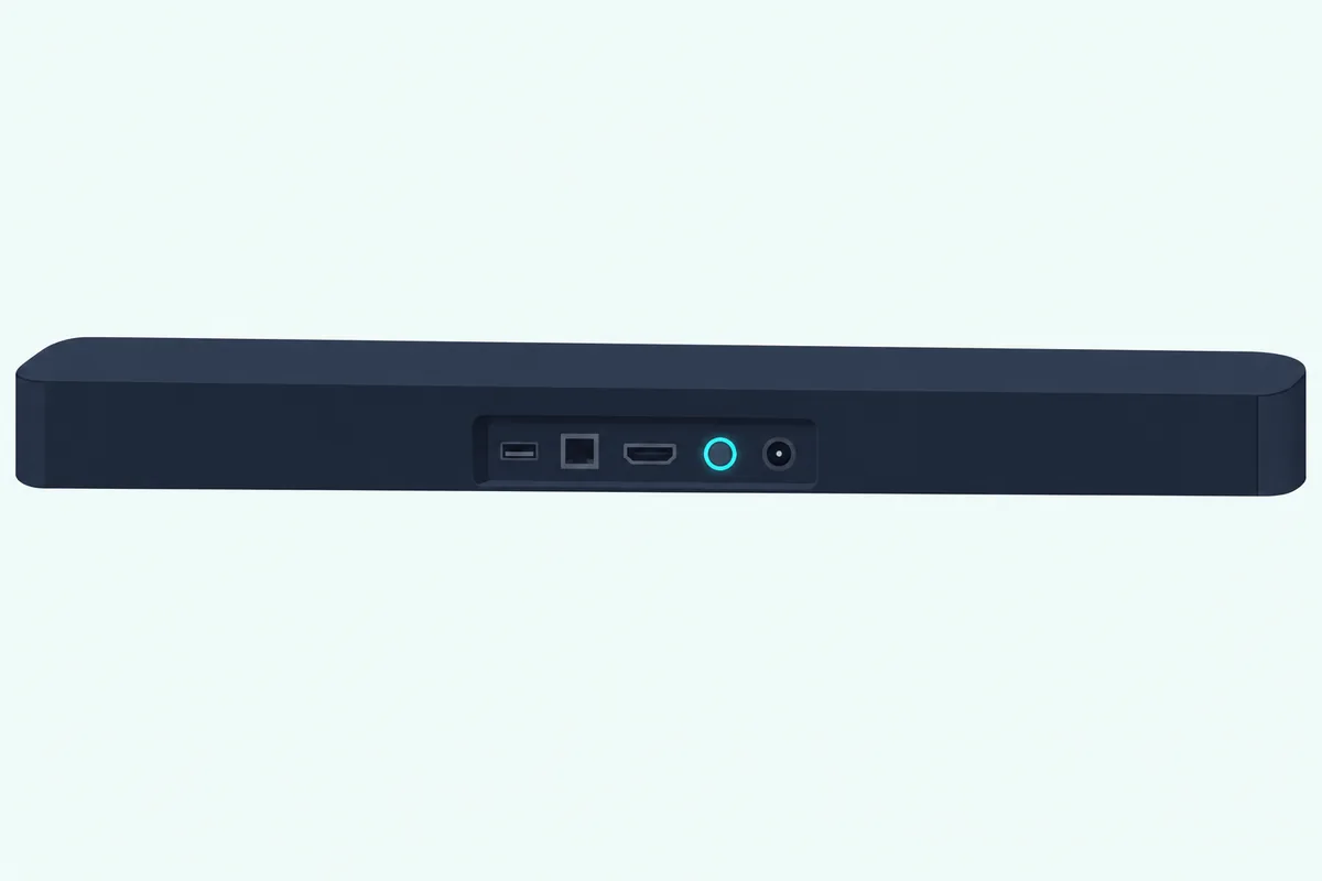 Back panel of a soundbar with a row of ports and a small round reset button ringed in teal