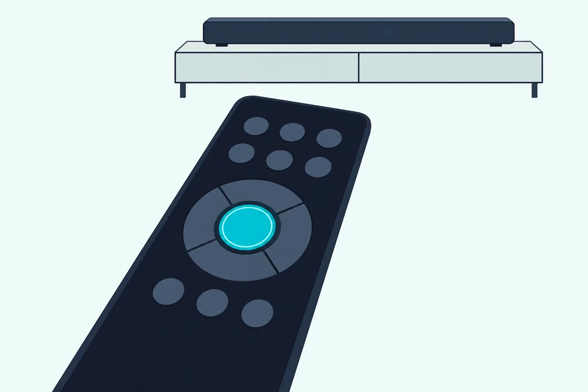 Soundbar remote with a round volume ring and a highlighted center key aimed at a long soundbar on a TV stand