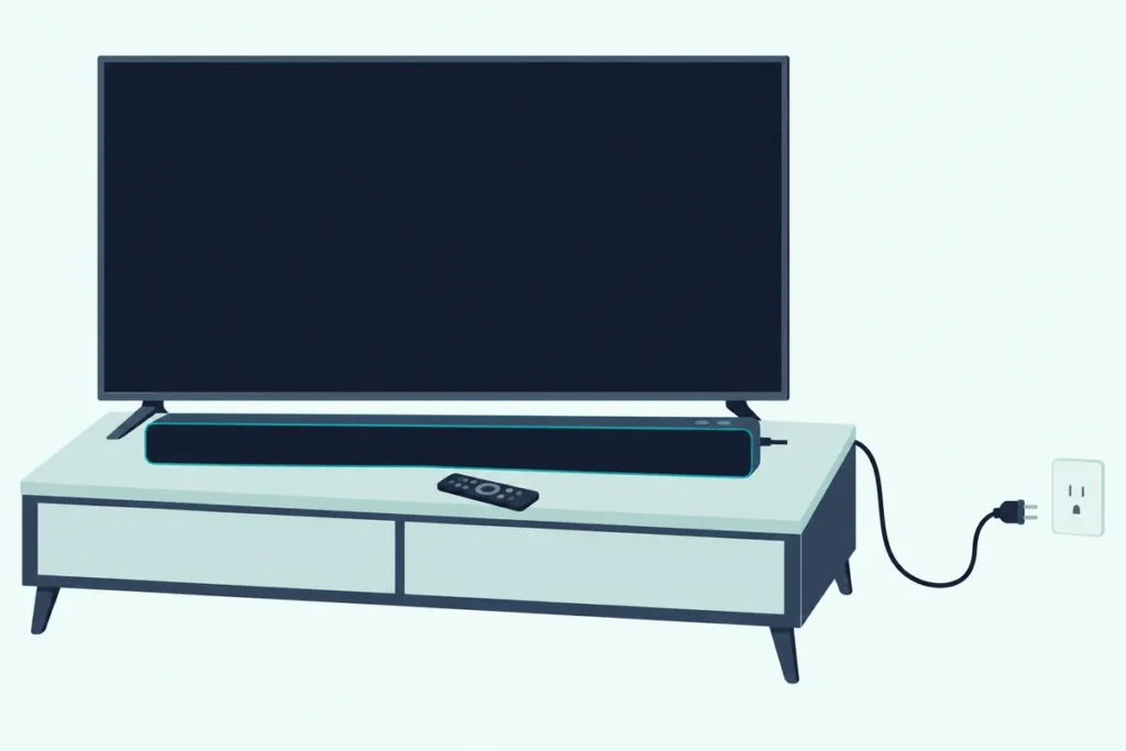 A slim soundbar on a TV stand with its remote in front and its power plug pulled partly out of the wall outlet