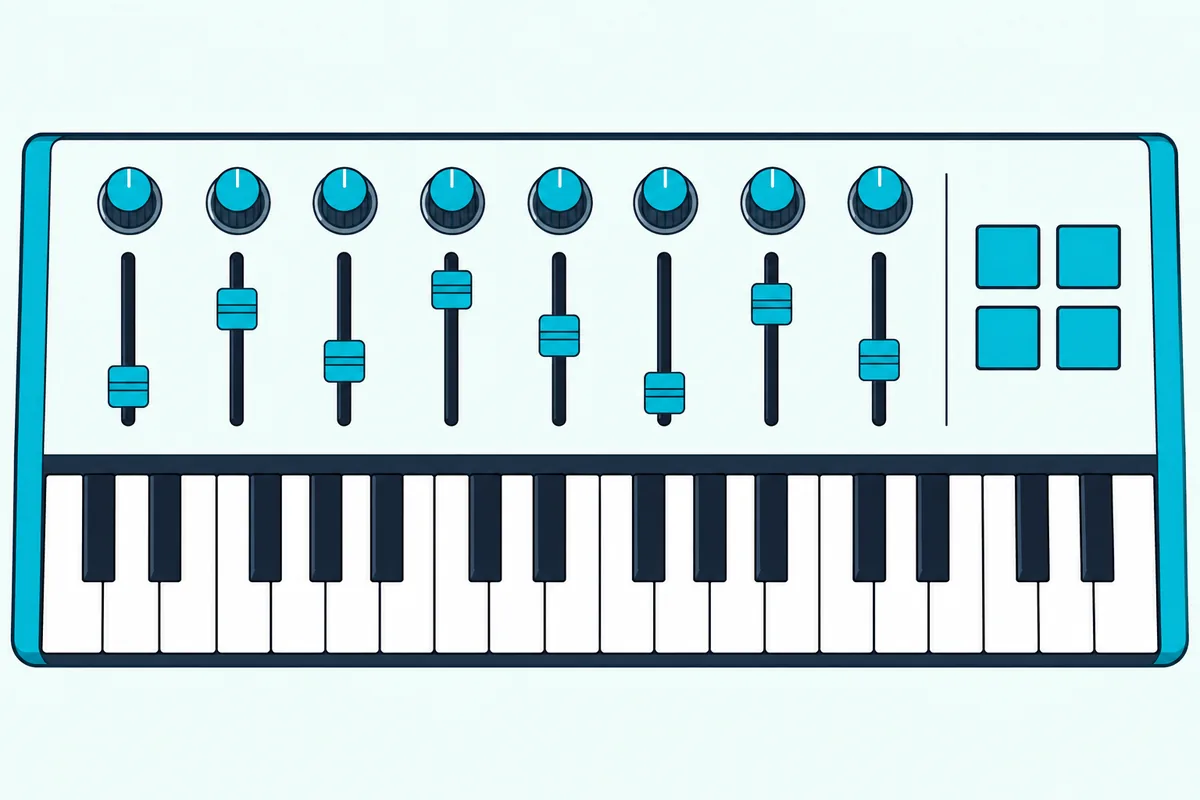 Faders, round knobs and transport buttons on the top panel of a MIDI keyboard controller above its keys