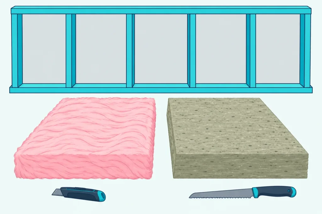Fiberglass batt and stone wool batt side by side in front of an open stud wall, with a utility knife and a bread knife