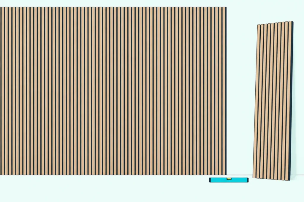 Wall of vertical wood slat acoustic panels on dark felt, nearly finished, with one more panel leaning ready to install