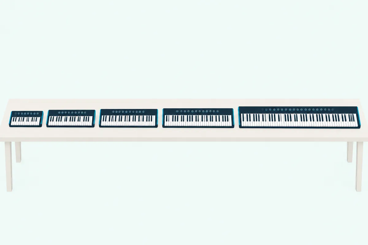 Five keyboard controllers of increasing length on a long desk, from a small 25-key board to a full 88-key one