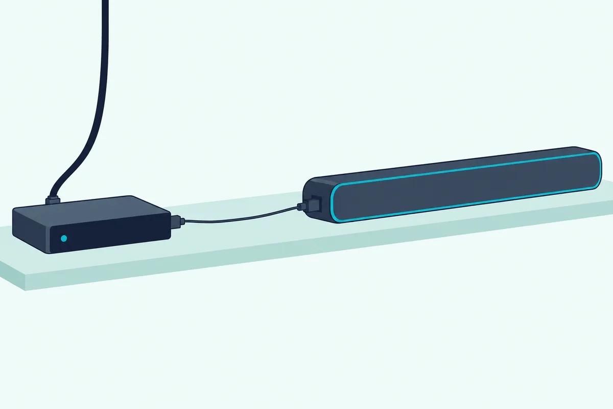 Flat set-top box on a shelf with a thin optical cable running along the shelf to the end of a slim soundbar