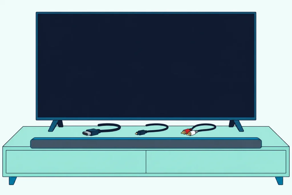 Flat TV and a slim soundbar on a cabinet with an HDMI cable, an optical cable and a stereo cable laid between them