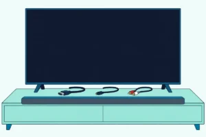 Flat TV and a slim soundbar on a cabinet with an HDMI cable, an optical cable and a stereo cable laid between them