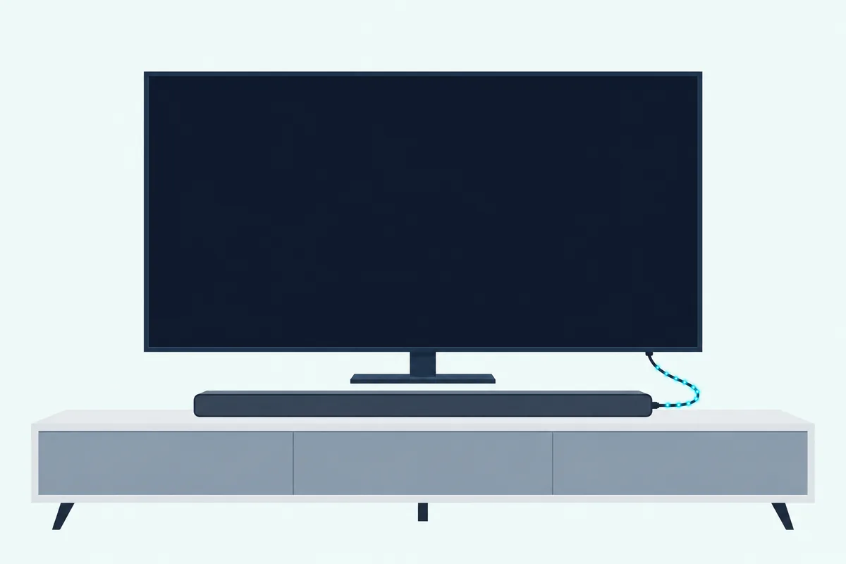 Flat TV and a slim soundbar joined by one thin cable, with small dots of light running along it toward the bar