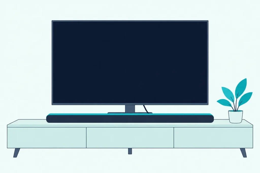 Flat TV and slim soundbar on a low cabinet, joined by a single cable, in a calm living room