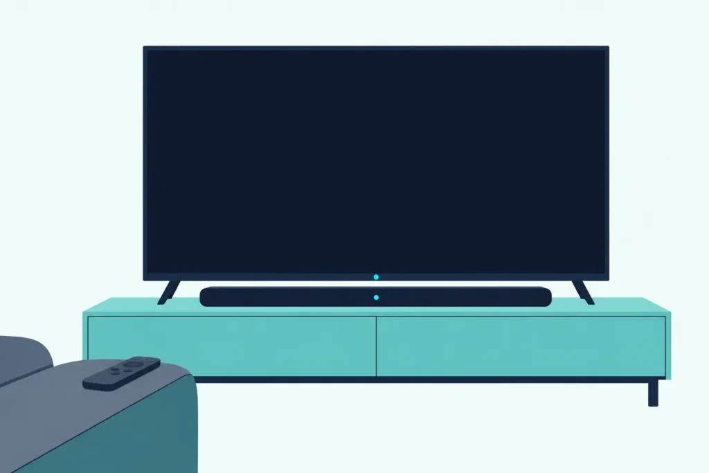 Flat TV and slim soundbar below it with matching small power lights, a remote resting on a sofa arm in front