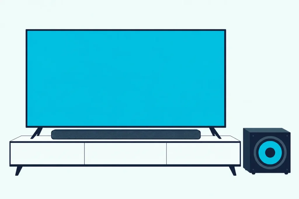 A flat TV on a low stand with a slim soundbar in front and a cube subwoofer beside it
