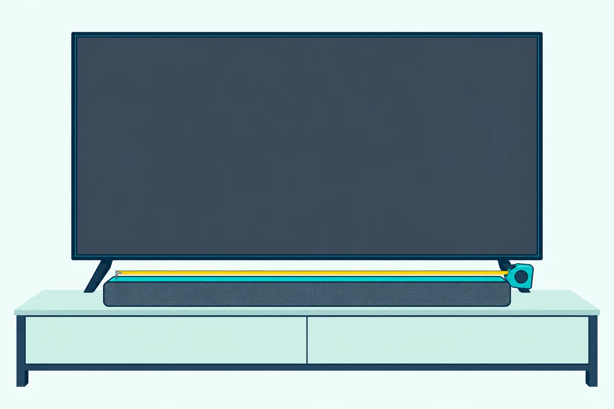 Flat TV on a low stand with a soundbar a little narrower than the screen resting in front, and a tape measure along the bar