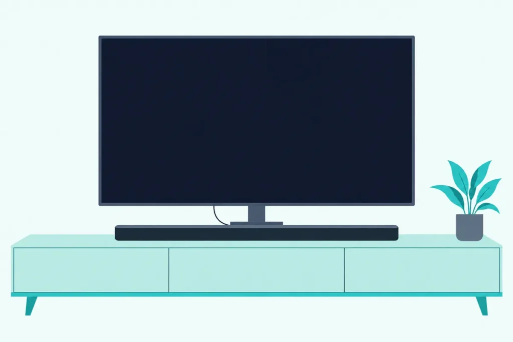 Flat TV on a pedestal stand and a slim soundbar on a wide cabinet, joined by one thin optical cable