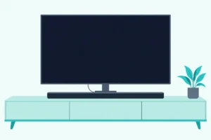 Flat TV on a pedestal stand and a slim soundbar on a wide cabinet, joined by one thin optical cable