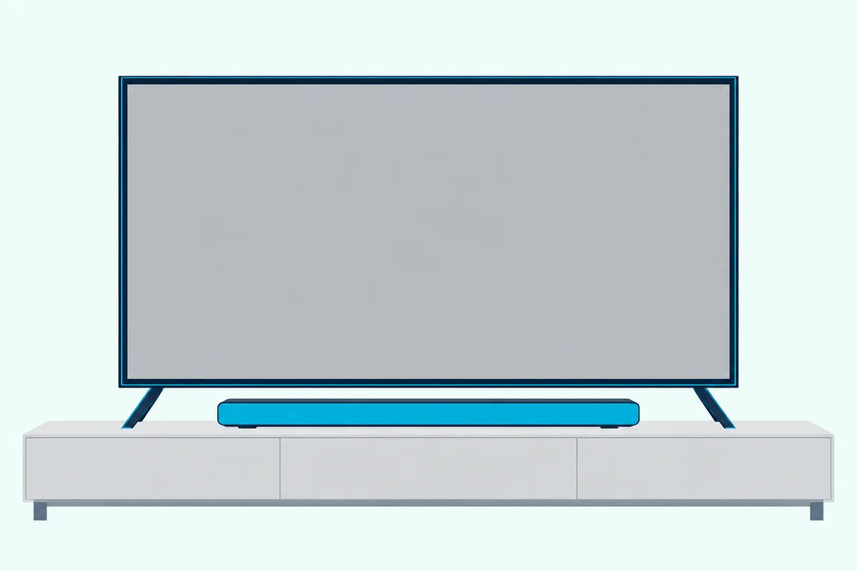 Flat TV with a blank screen above a long slim soundbar on a low console, nothing between them