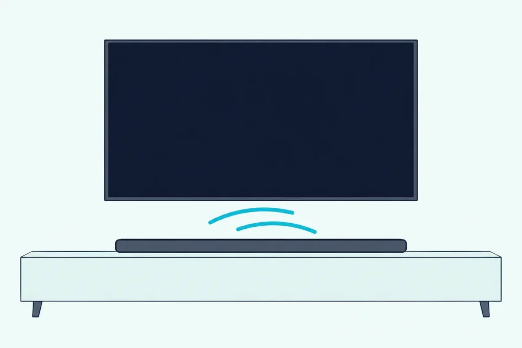 Flat TV with a blank screen above a slim soundbar sending two slightly offset sound-wave arcs into the room