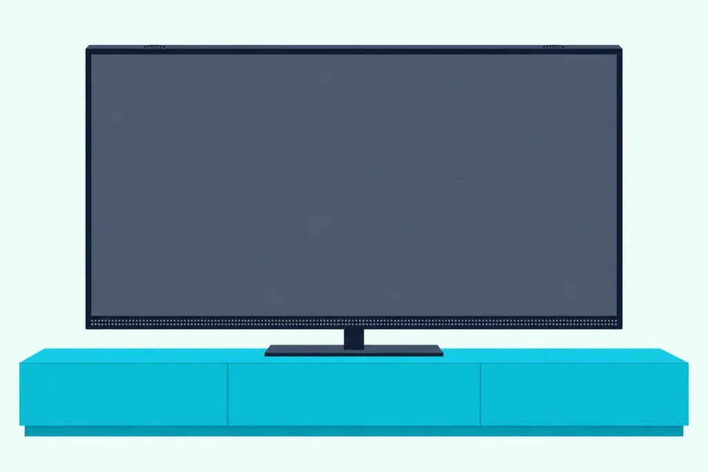 Flat TV with a blank screen and small built-in speakers in its frame, on a low console with no soundbar